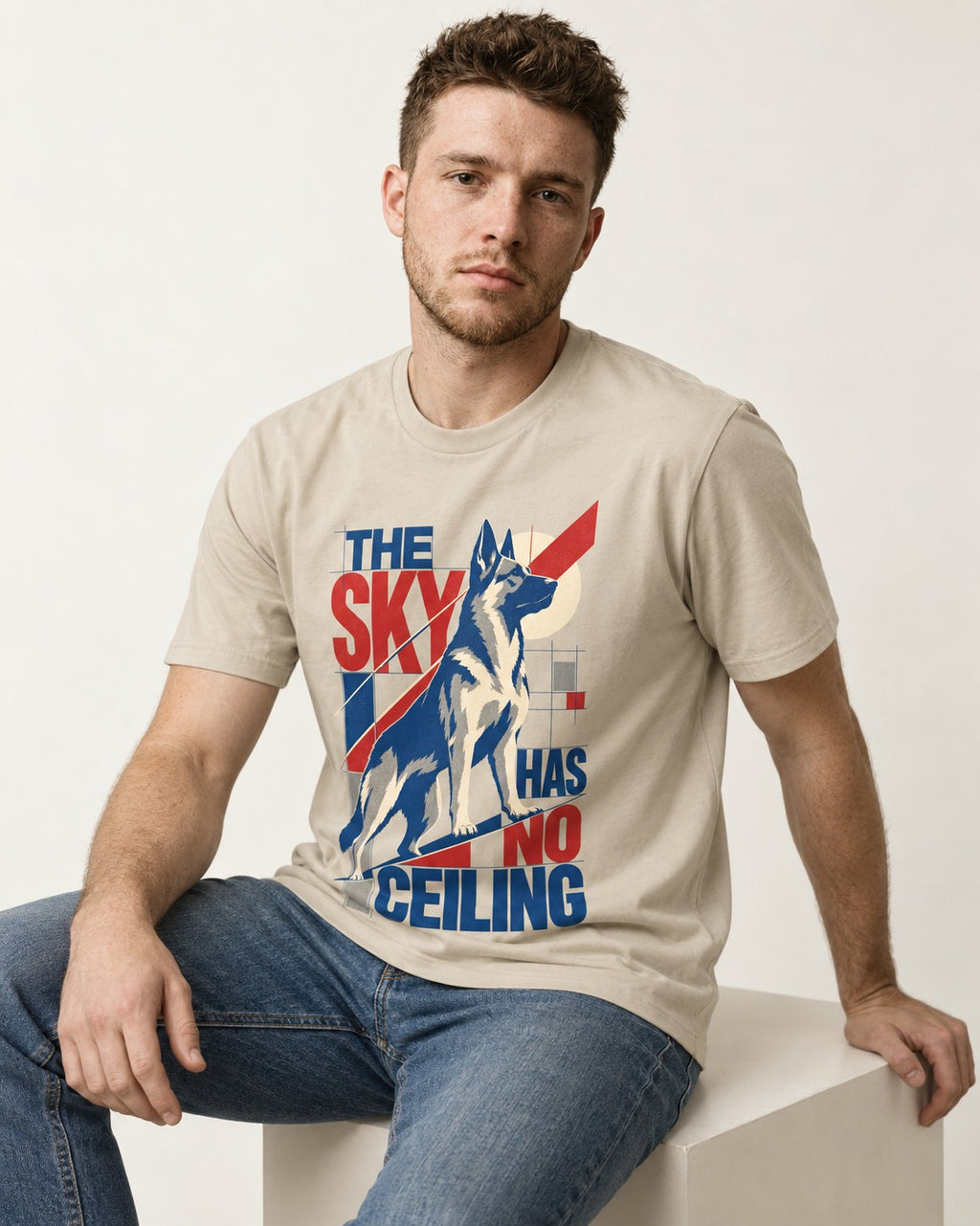 Sky Has No Ceiling German Shepherd Dog T-Shirt in Sand, worn by a seated model