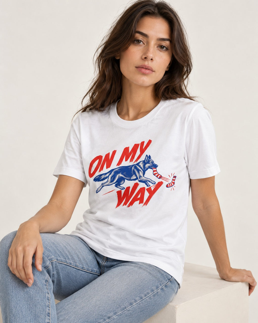 German Shepherd Dog On My Way Sock Chase Graphic T-Shirt in White, worn by a seated model