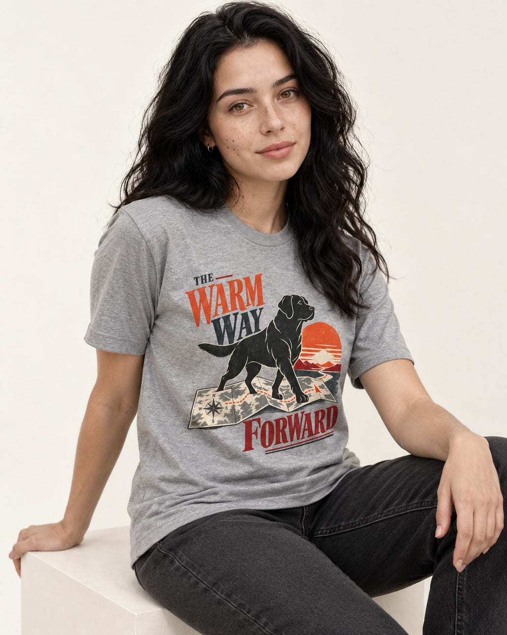 The Warm Way Forward Labrador Retriever T-Shirt in Sport Grey, worn by a seated model