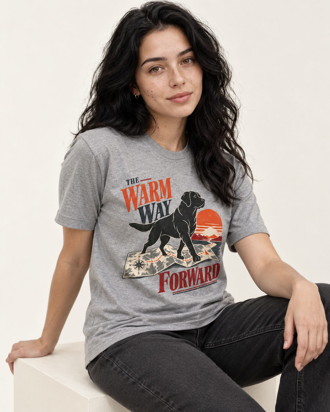 The Warm Way Forward Labrador Retriever T-Shirt in Sport Grey, worn by a seated model