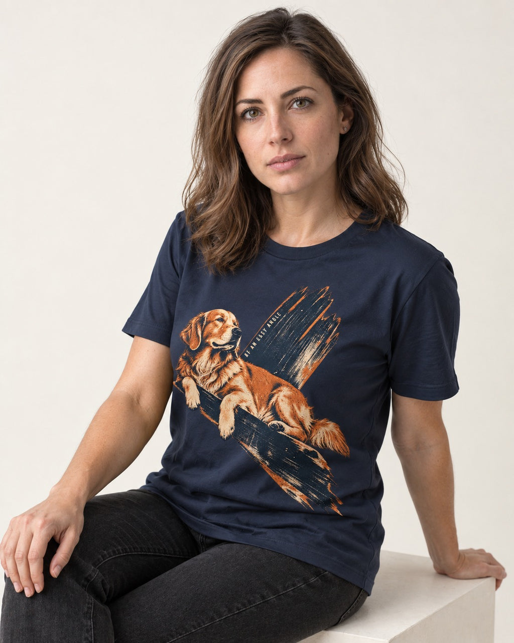 Golden Retriever At an Easy Angle Brushstroke Lounge Graphic T-Shirt in Navy, worn by a seated model