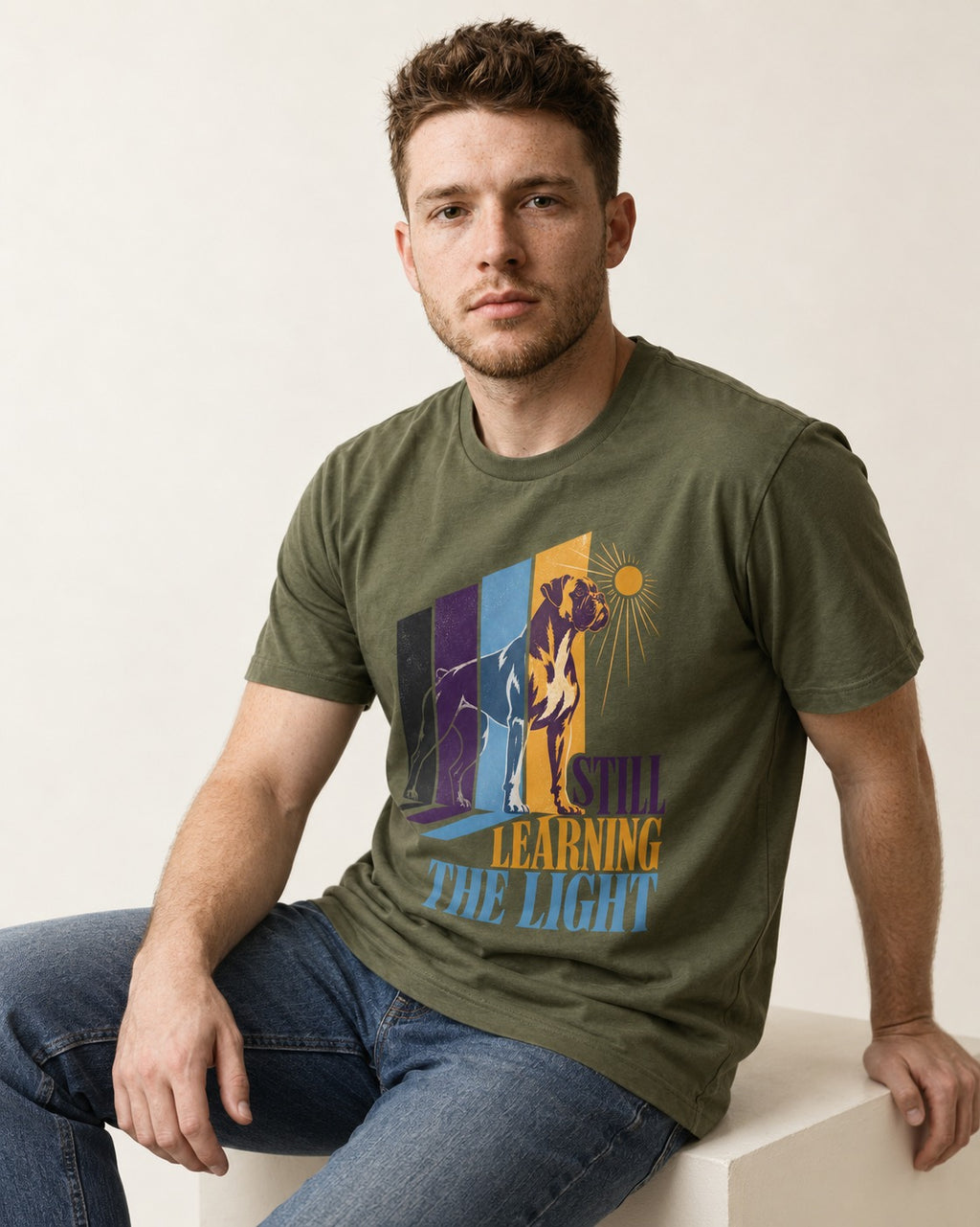 Still Learning the Light Boxer Doorway Progression Graphic T-Shirt in Heather Military Green, worn by a seated model