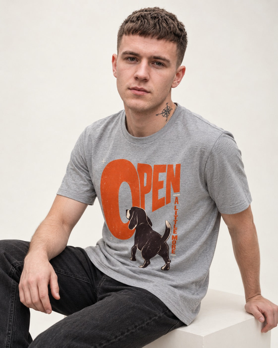 Open a Little More Beagle T-Shirt in Sport Grey, worn by a seated model