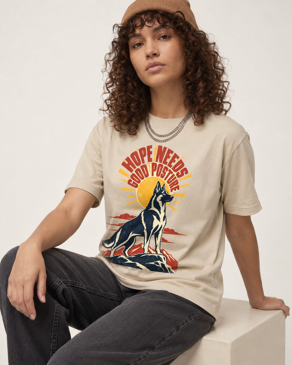 Hope Needs Good Posture German Shepherd Dog T-Shirt in Sand, worn by a seated model