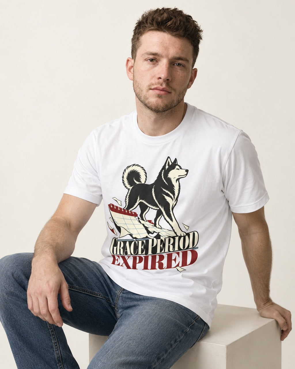 Husky Grace Period Expired Torn Calendar Graphic T-Shirt in White, worn by a seated model