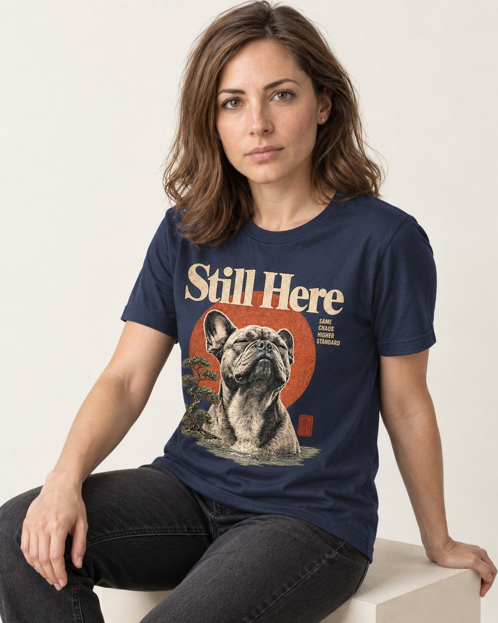 Frenchie Still Here Bonsai Portrait Graphic T-Shirt in Navy, worn by a seated model