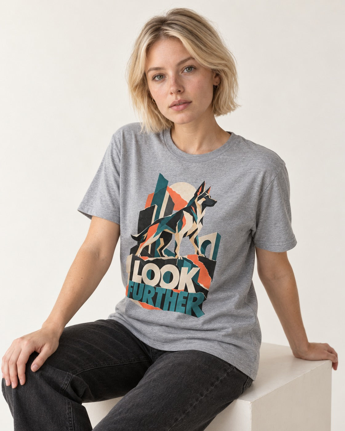 Look Further German Shepherd Dog T-Shirt in Sport Grey, worn by a seated model