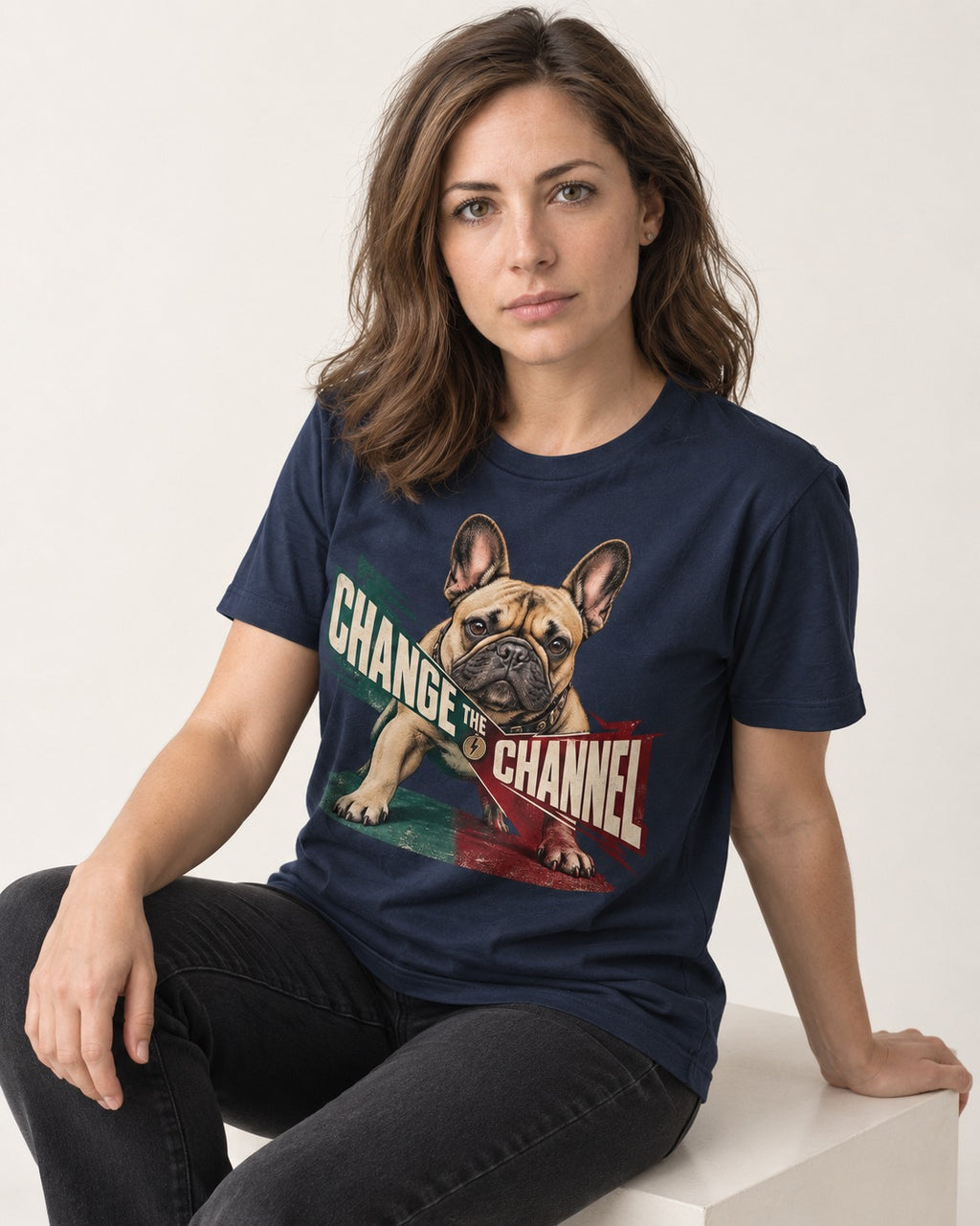 Frenchie Change the Channel Graphic T-Shirt in Navy, worn by a seated model