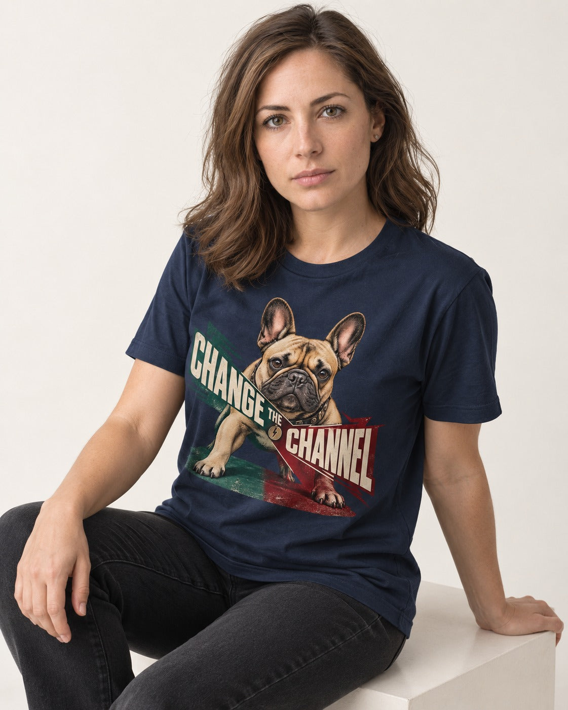 Frenchie Change the Channel Graphic T-Shirt in Navy, worn by a seated model