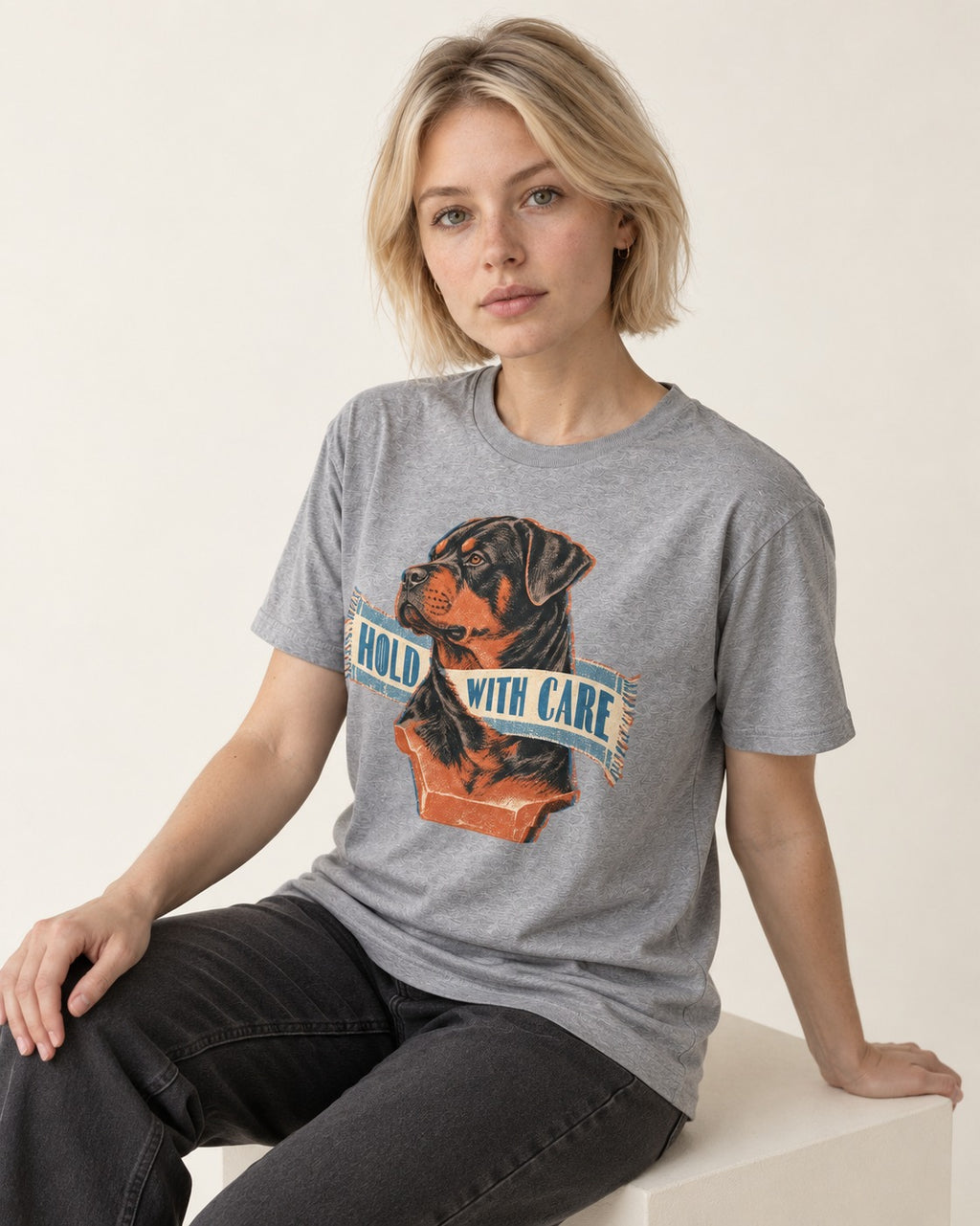 Rottweiler Hold with Care T-Shirt in Sport Grey, worn by a seated model