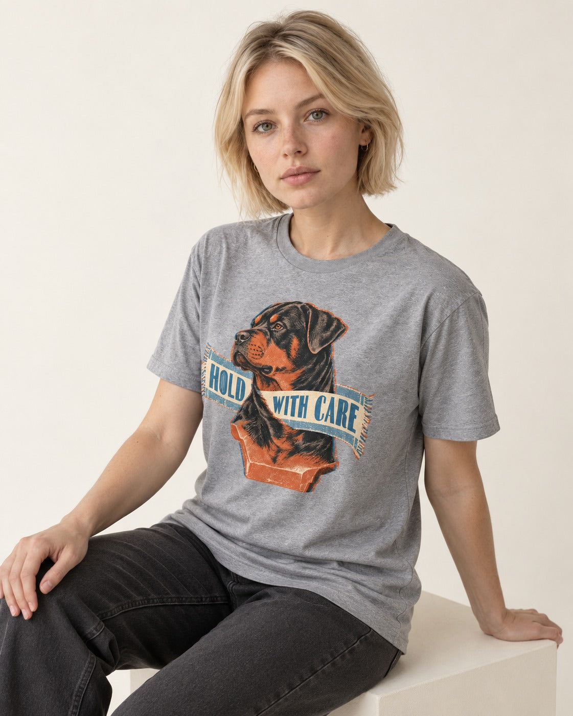 Rottweiler Hold with Care T-Shirt in Sport Grey, worn by a seated model