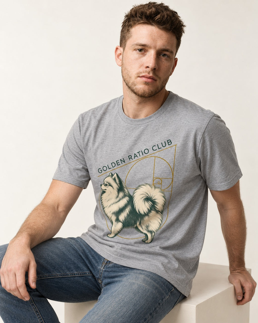Pomeranian Golden Ratio Club T-Shirt in Sport Grey, worn by a seated model