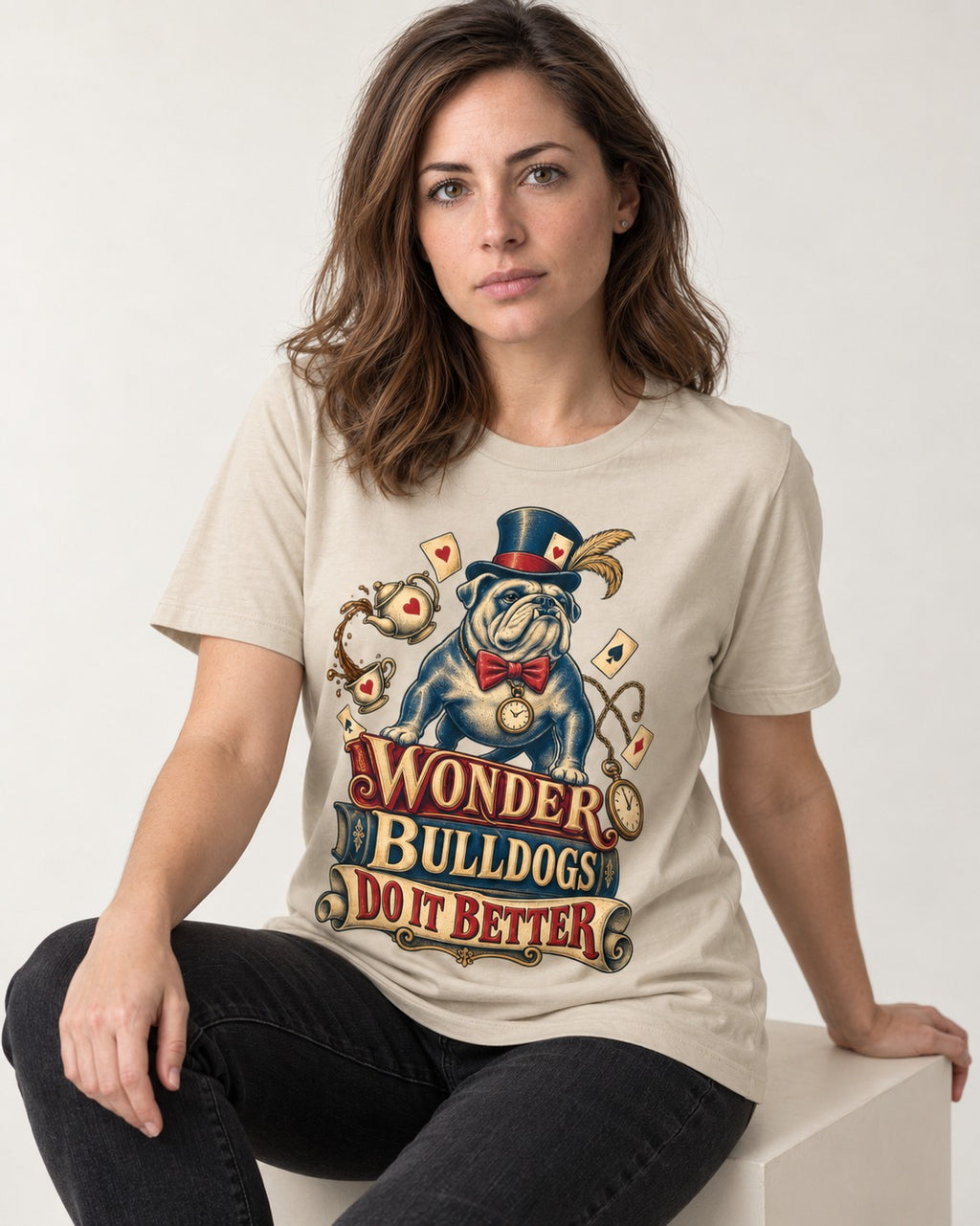 Wonder English Bulldog T-Shirt in Sand, worn by a seated model