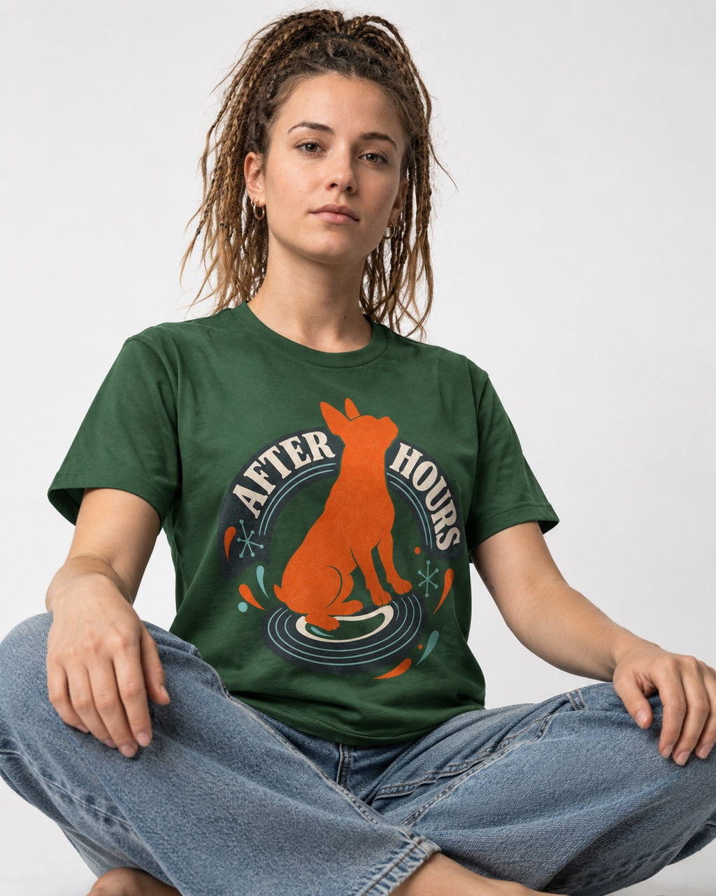 After Hours Boston Terrier Record Graphic T-Shirt in Forest Green, worn by a seated model