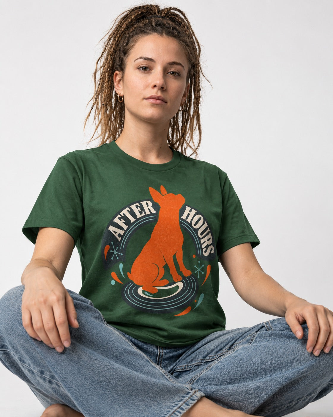 After Hours Boston Terrier Record Graphic T-Shirt in Forest Green, worn by a seated model