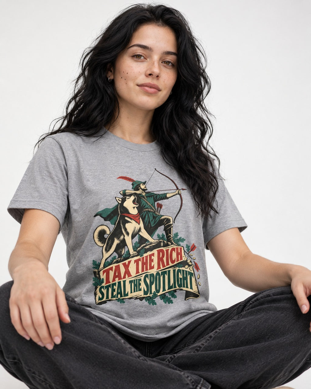 Husky Steals the Spotlight T-Shirt in Sport Grey, worn by a seated model
