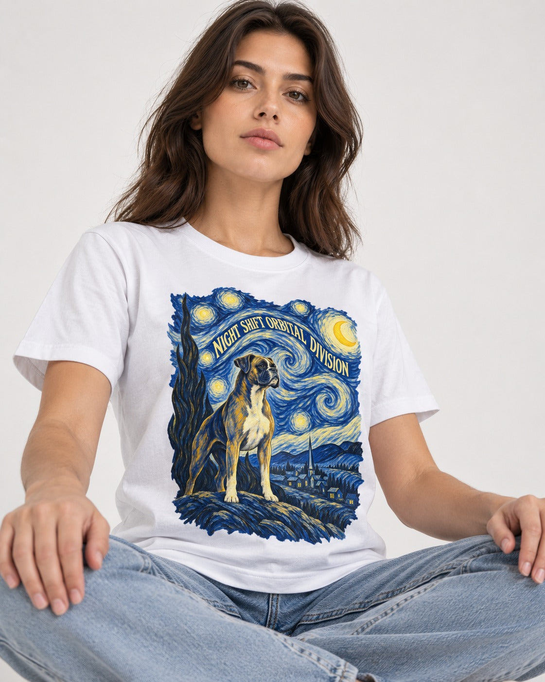 Night Shift Orbital Division Boxer Night Sky Graphic T-Shirt in White, worn by a seated model