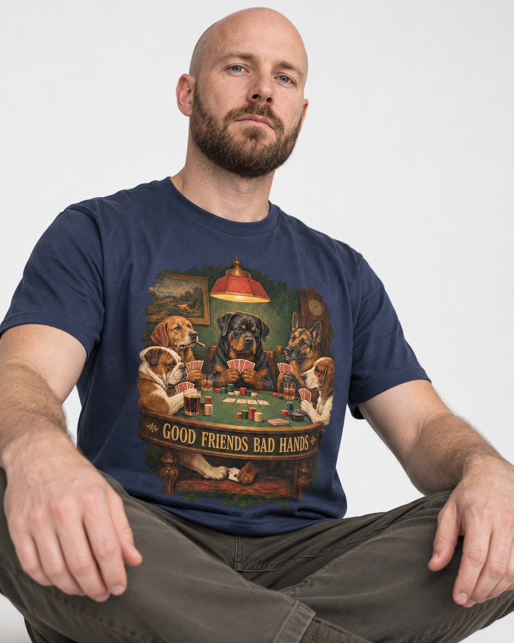 Rottweiler Good Friends Bad Hands Poker Night Graphic T-Shirt in Navy, worn by a seated model