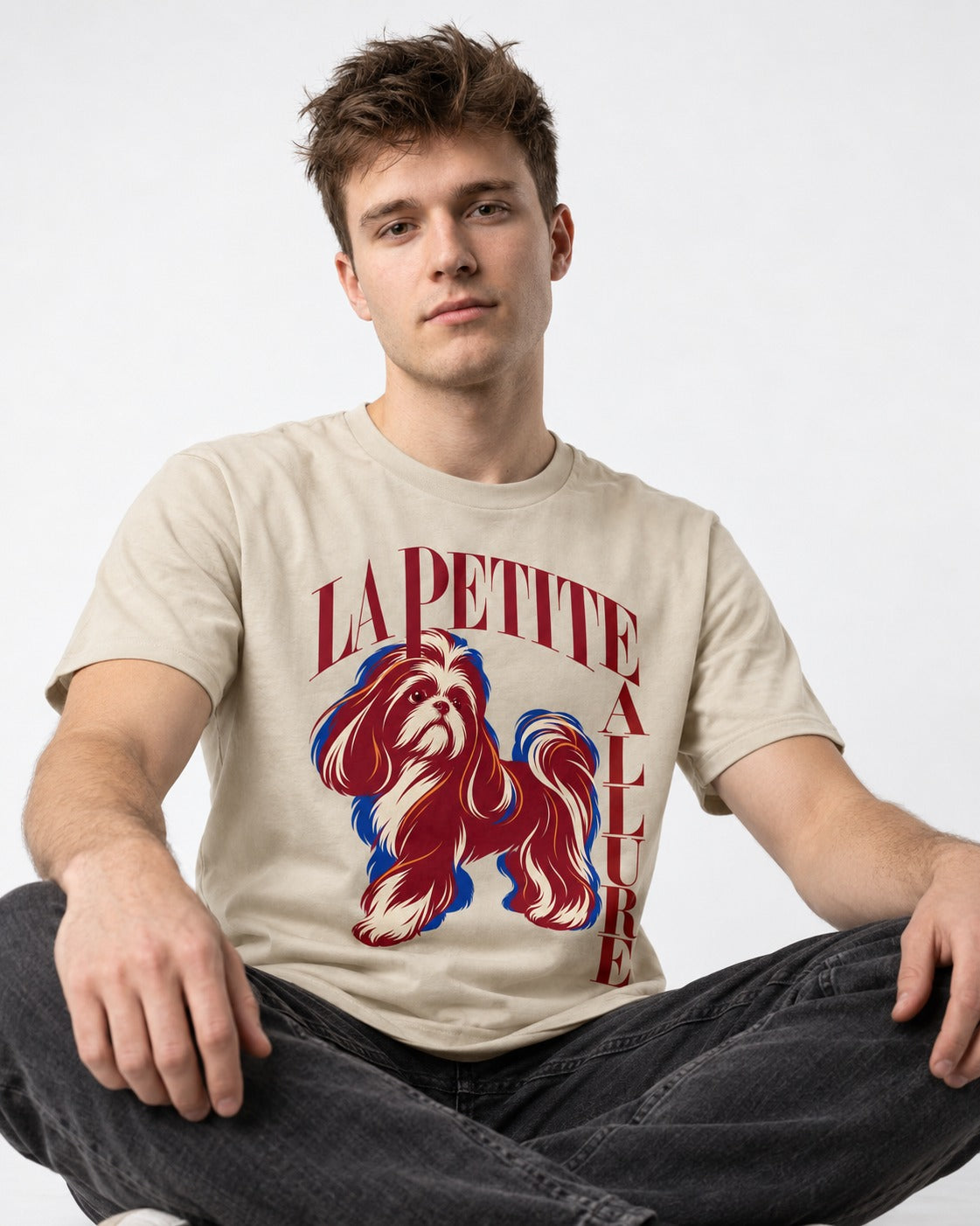 La Petite Allure Shih Tzu T-Shirt in Sand, worn by a seated model