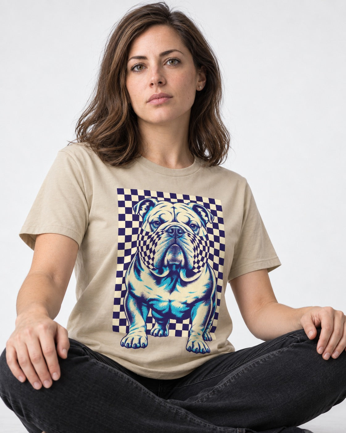 English Bulldog Double Take T-Shirt in Sand, worn by a seated model