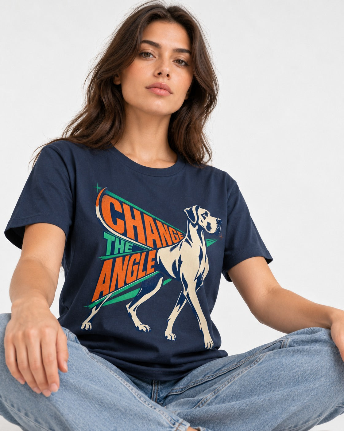Great Dane Change the Angle Walking Graphic T-Shirt in Navy, worn by a seated model
