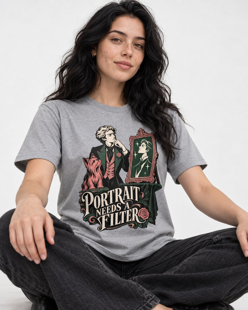 Yorkshire Terrier Needs a Filter T-Shirt in Sport Grey, worn by a seated model