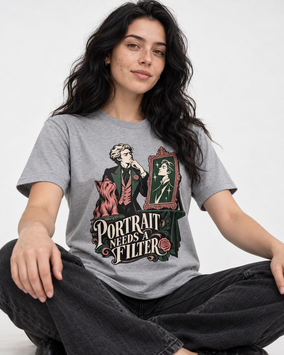 Yorkshire Terrier Needs a Filter T-Shirt in Sport Grey, worn by a seated model
