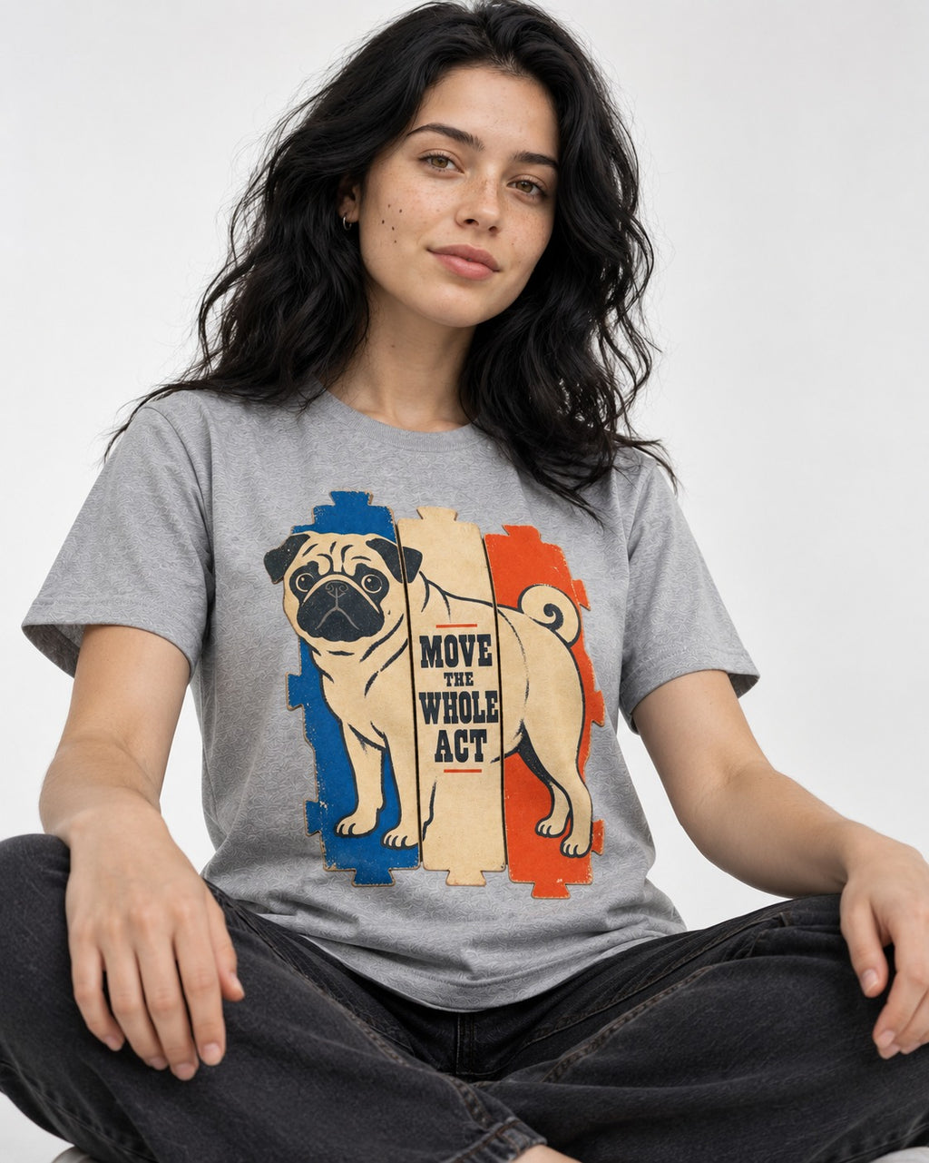 Pug Move the Whole Act Color Block Graphic T-Shirt in Sport Grey, worn by a seated model