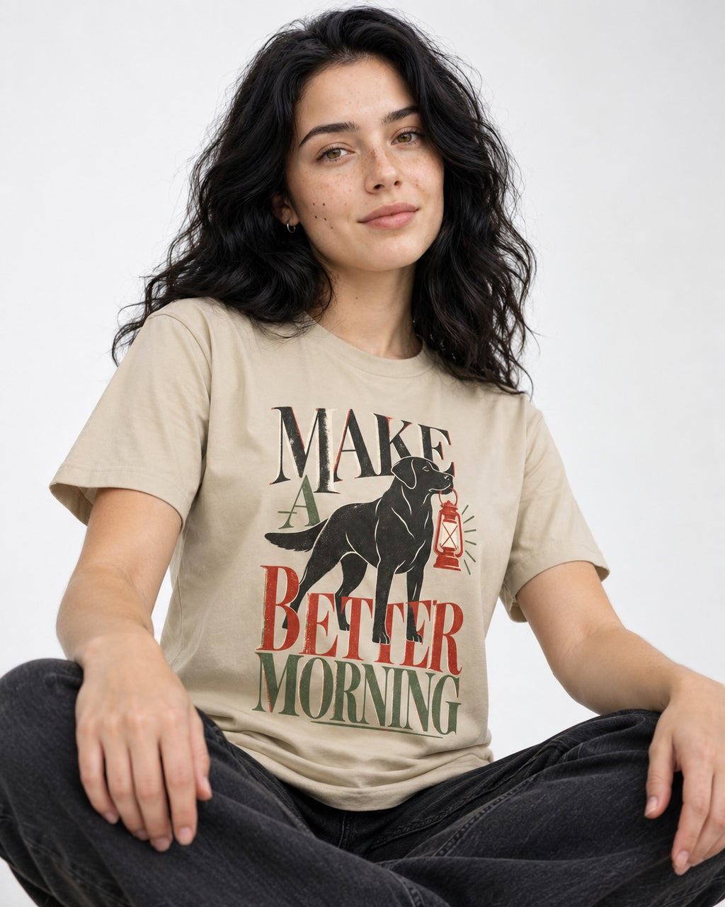 Make a Better Morning Labrador Retriever T-Shirt in Sand, worn by a seated model
