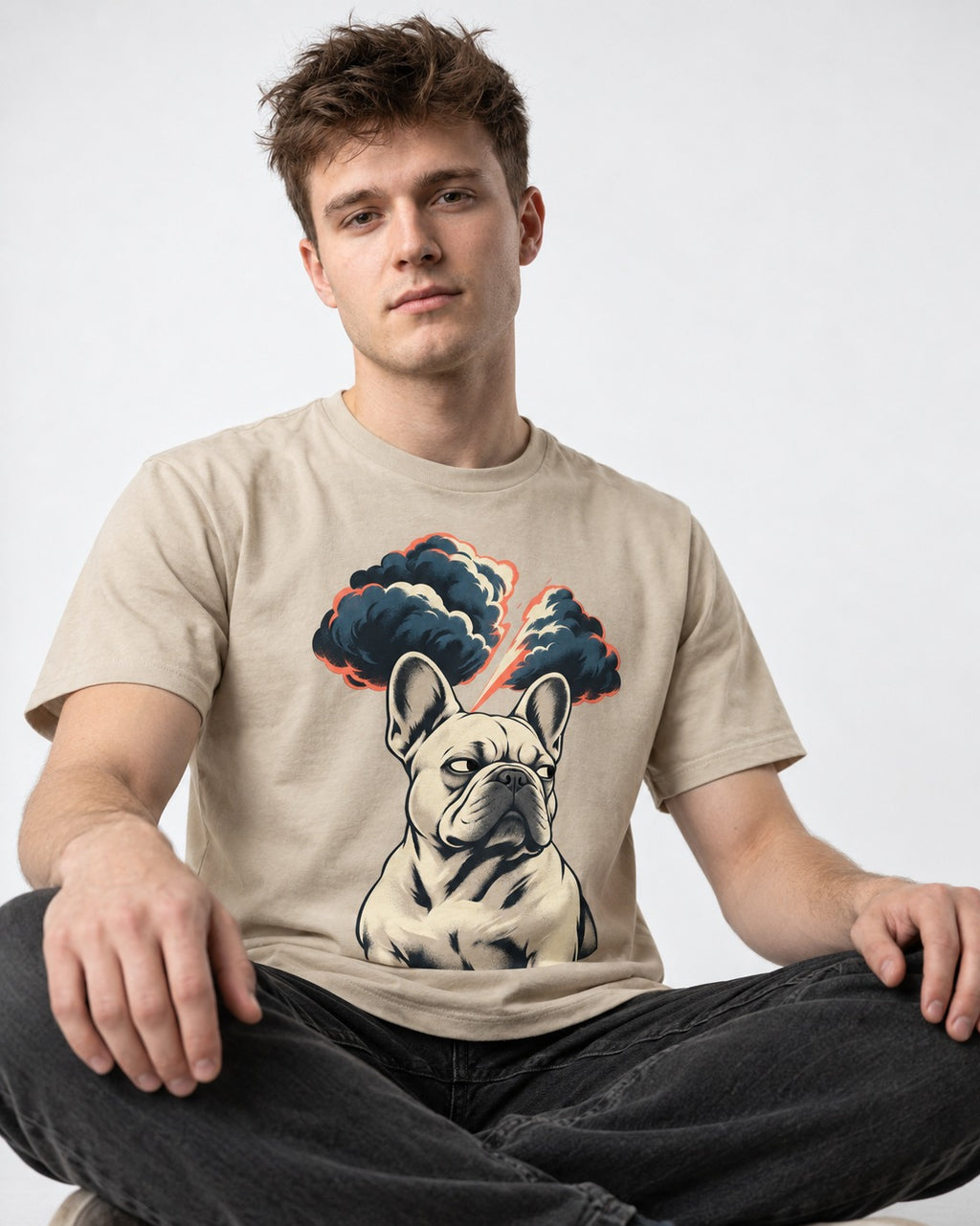 Frenchie Storm Warning T-Shirt in Sand, worn by a seated model