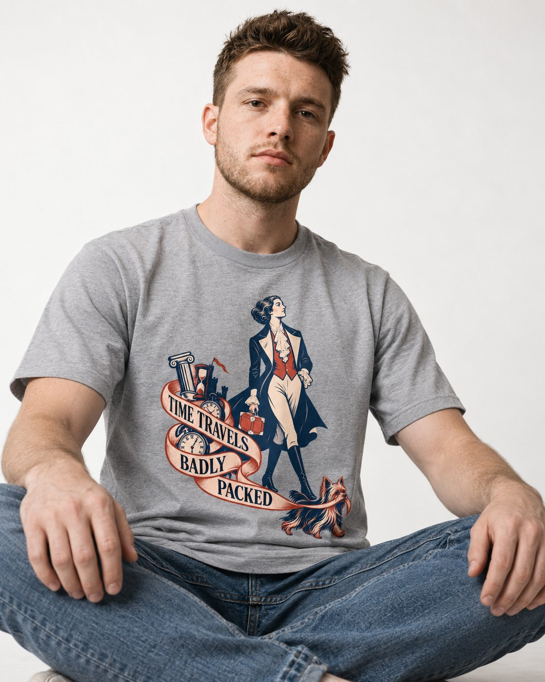 Time Travels Badly Packed Yorkshire Terrier T-Shirt in Sport Grey, worn by a seated model