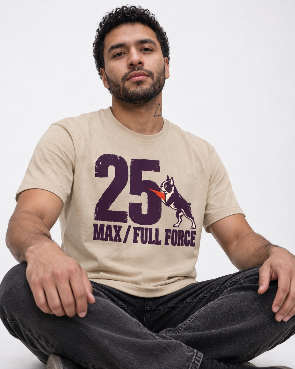 Boston Terrier Full Force T-Shirt in Sand, worn by a seated model