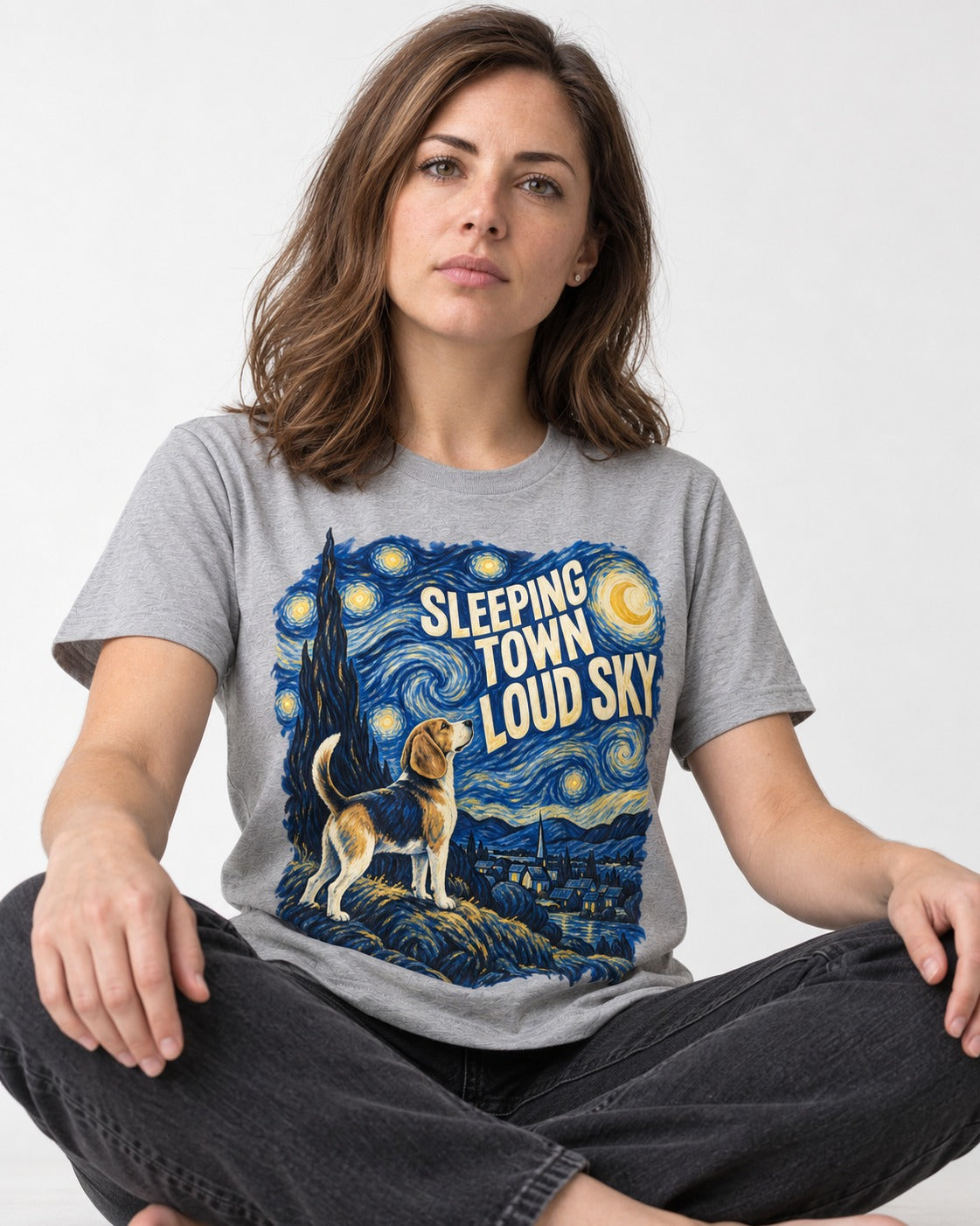 Sleeping Town Loud Sky Beagle Nightscape T-Shirt in Sport Grey, worn by a seated model