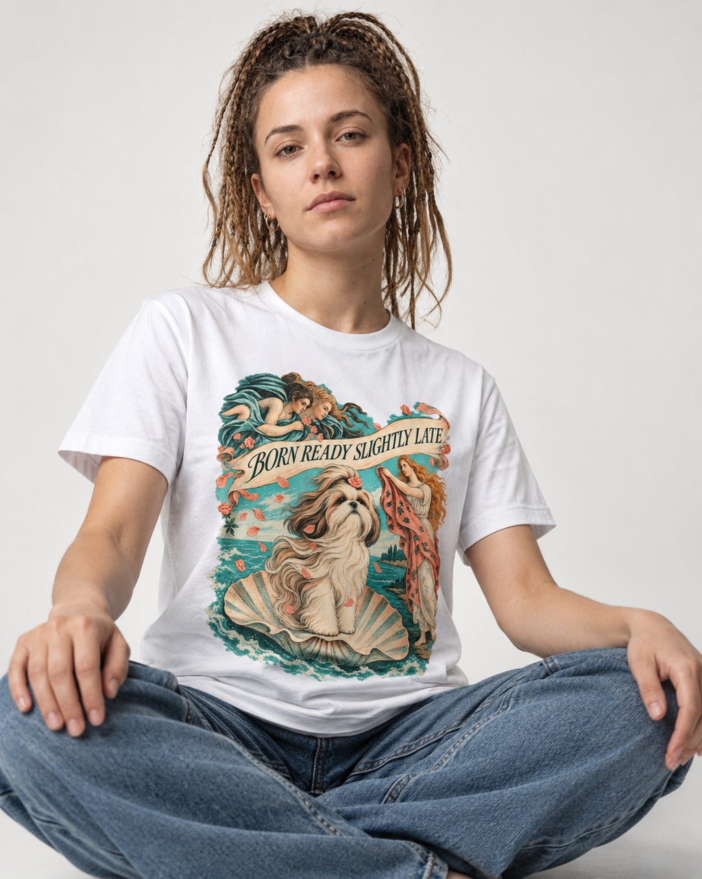 Shih Tzu Born Ready Slightly Late Venus Graphic T-Shirt in White, worn by a seated model