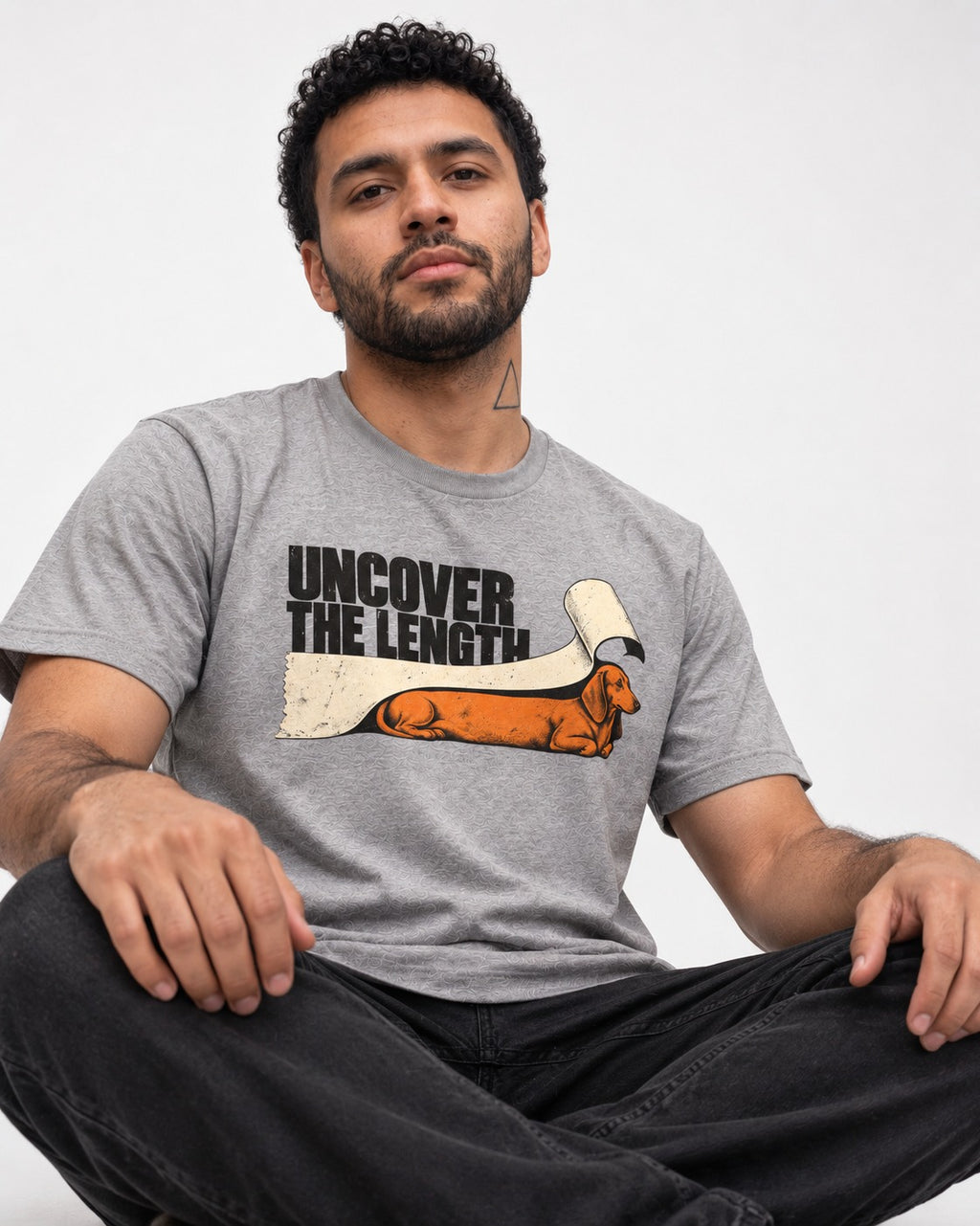 Uncover the Dachshund Length T-Shirt in Sport Grey, worn by a seated model