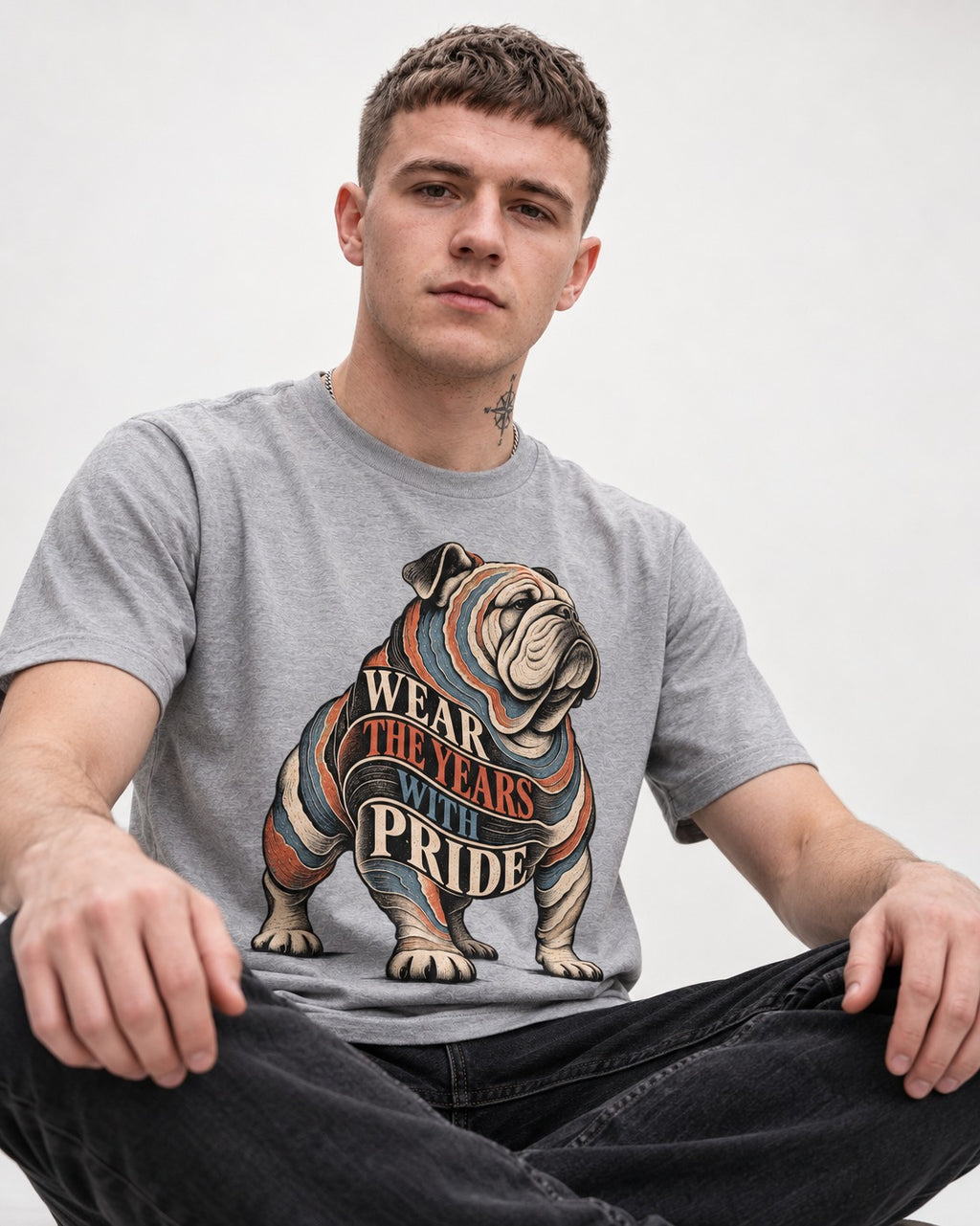 English Bulldog Wear the Years T-Shirt in Sport Grey, worn by a seated model