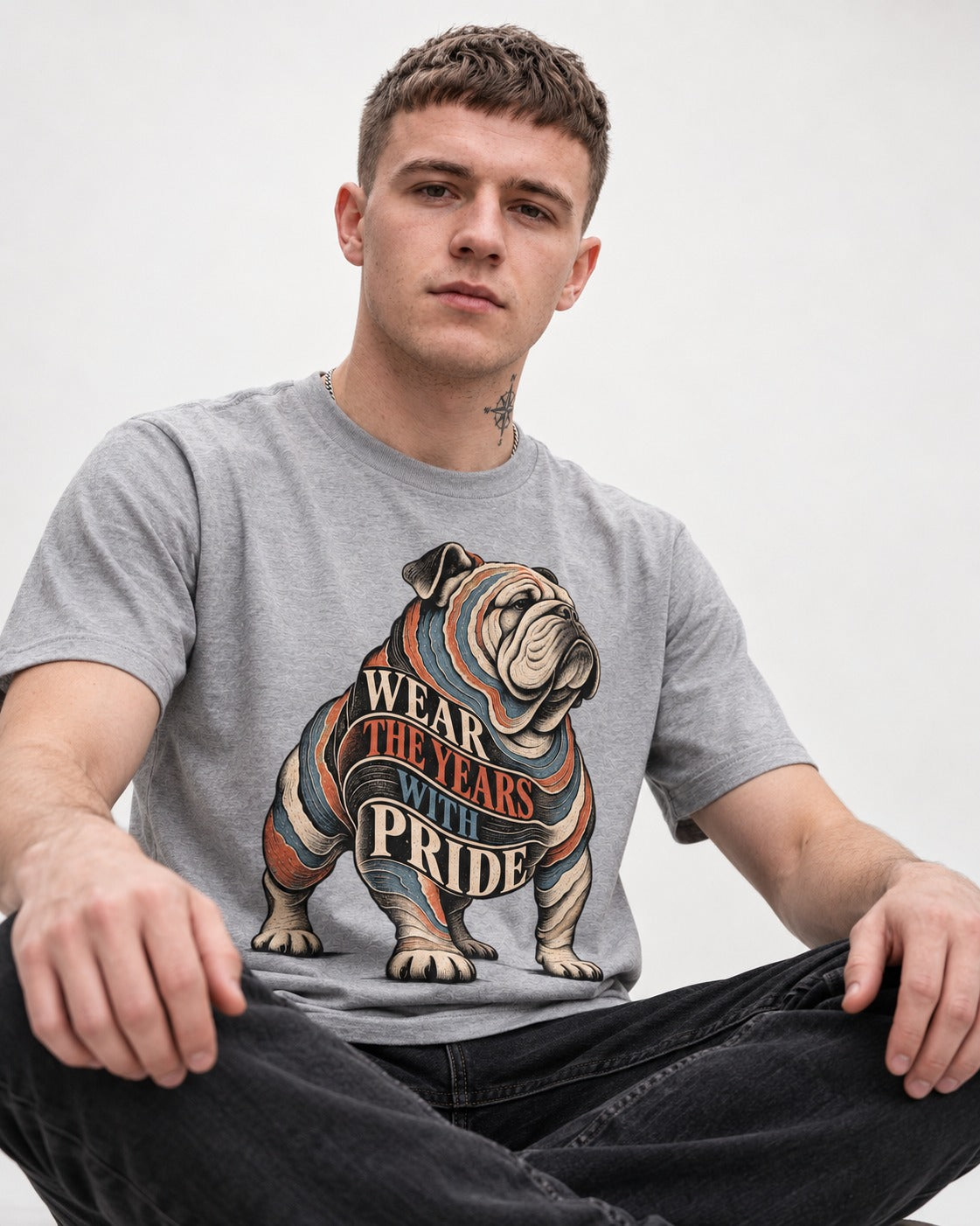 English Bulldog Wear the Years T-Shirt in Sport Grey, worn by a seated model