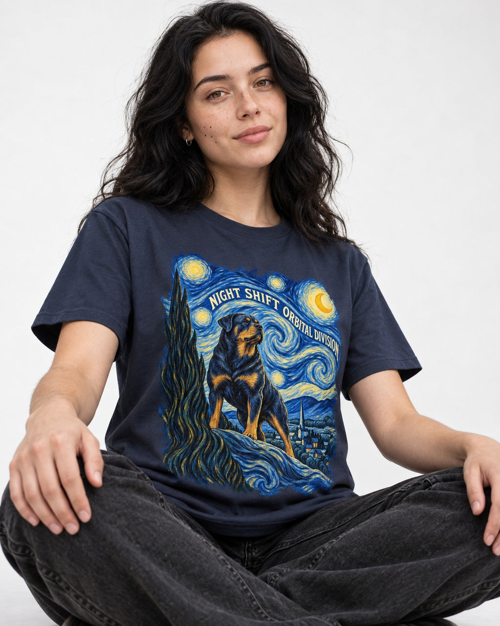 Rottweiler Night Shift Orbital Division Starry Night Graphic T-Shirt in Navy, worn by a seated model