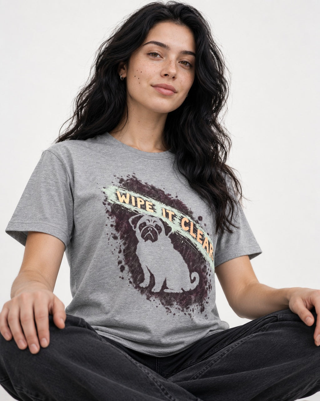 Pug Wipe It Clear T-Shirt in Sport Grey, worn by a seated model