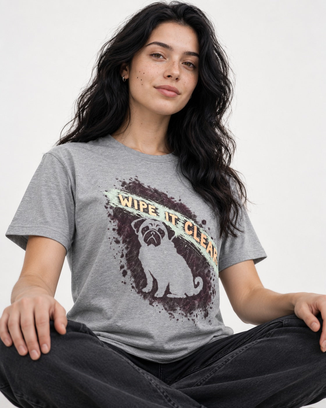 Pug Wipe It Clear T-Shirt in Sport Grey, worn by a seated model