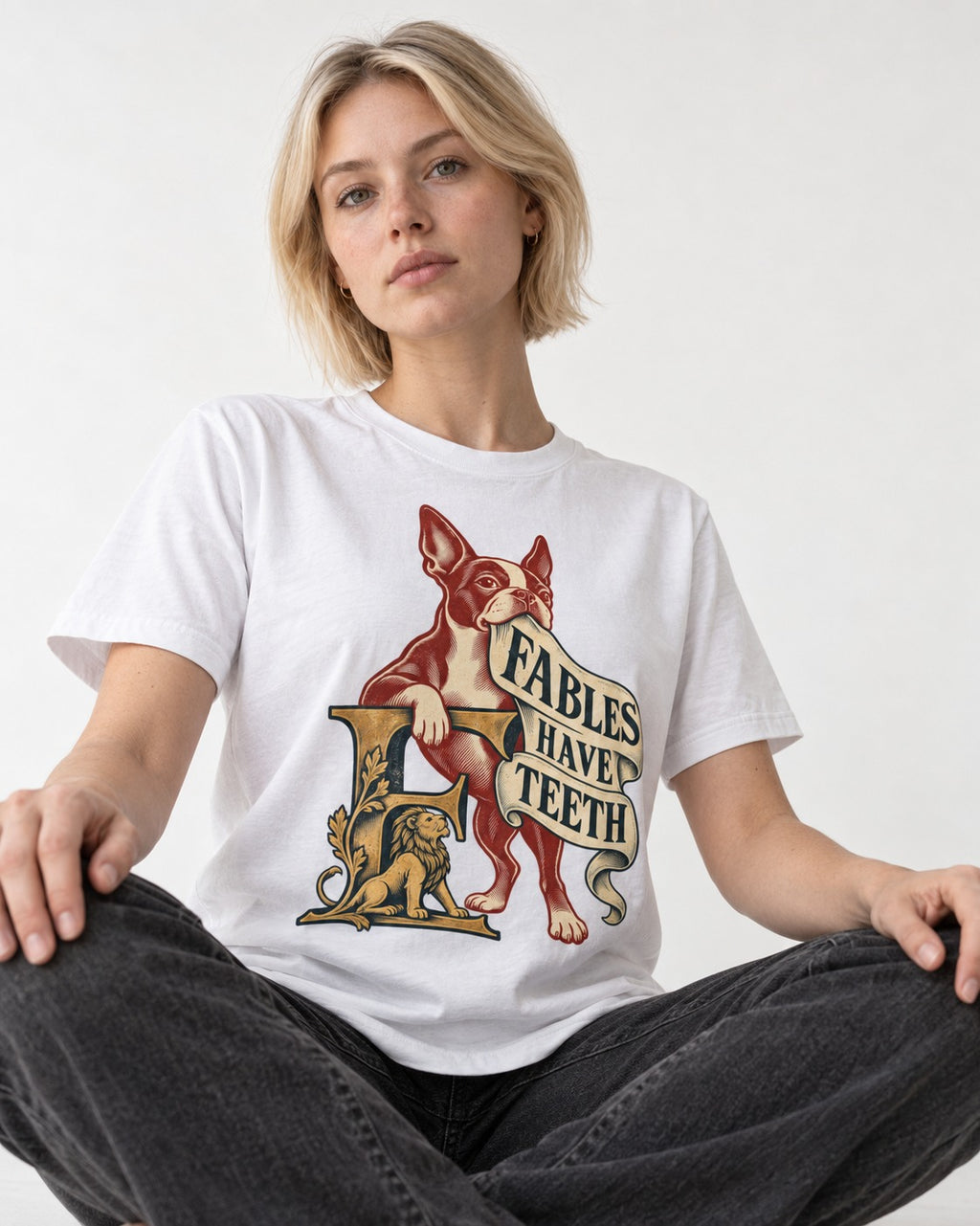 Boston Terrier Fables Have Teeth T-Shirt in White, worn by a seated model