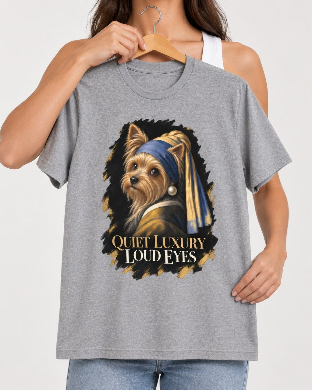 Yorkshire Terrier Quiet Luxury Loud Eyes Pearl Portrait Graphic T-Shirt in Sport Grey, held up on a hanger