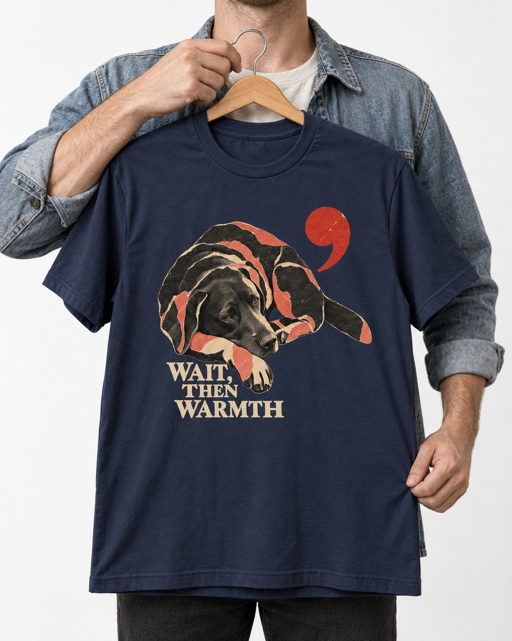Labrador Retriever Wait Then Warmth Blanket Pause Graphic T-Shirt in Navy, held up on a hanger