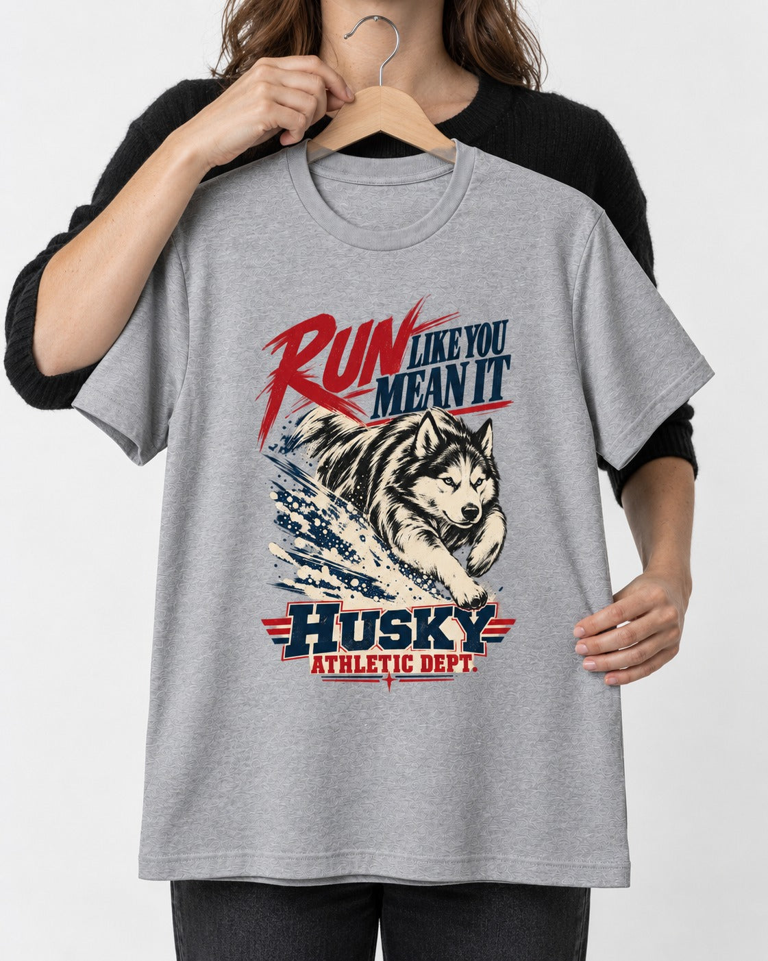 Husky Run with Purpose T-Shirt in Sport Grey, held up on a hanger