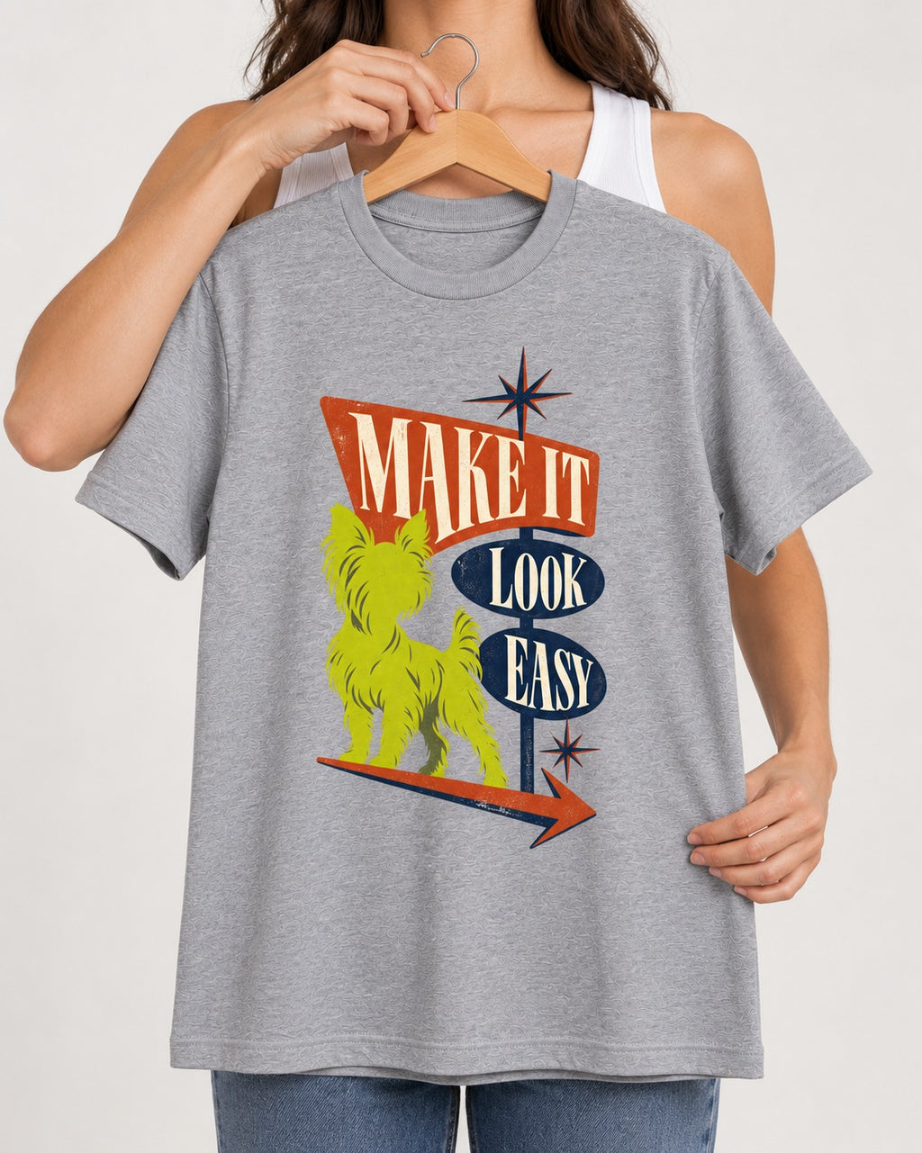 Yorkshire Terrier Make It Look Easy Retro Sign Graphic T-Shirt in Sport Grey, held up on a hanger