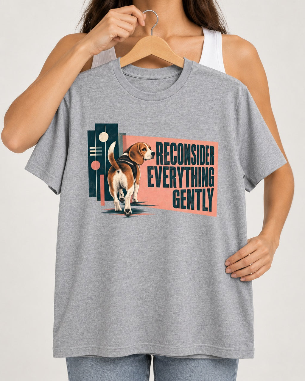 Beagle Reconsider Everything Gently Retro Graphic T-Shirt in Sport Grey, held up on a hanger
