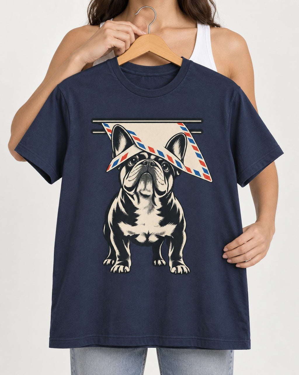 Frenchie Mail Slot Intercept Graphic T-Shirt in Navy, held up on a hanger