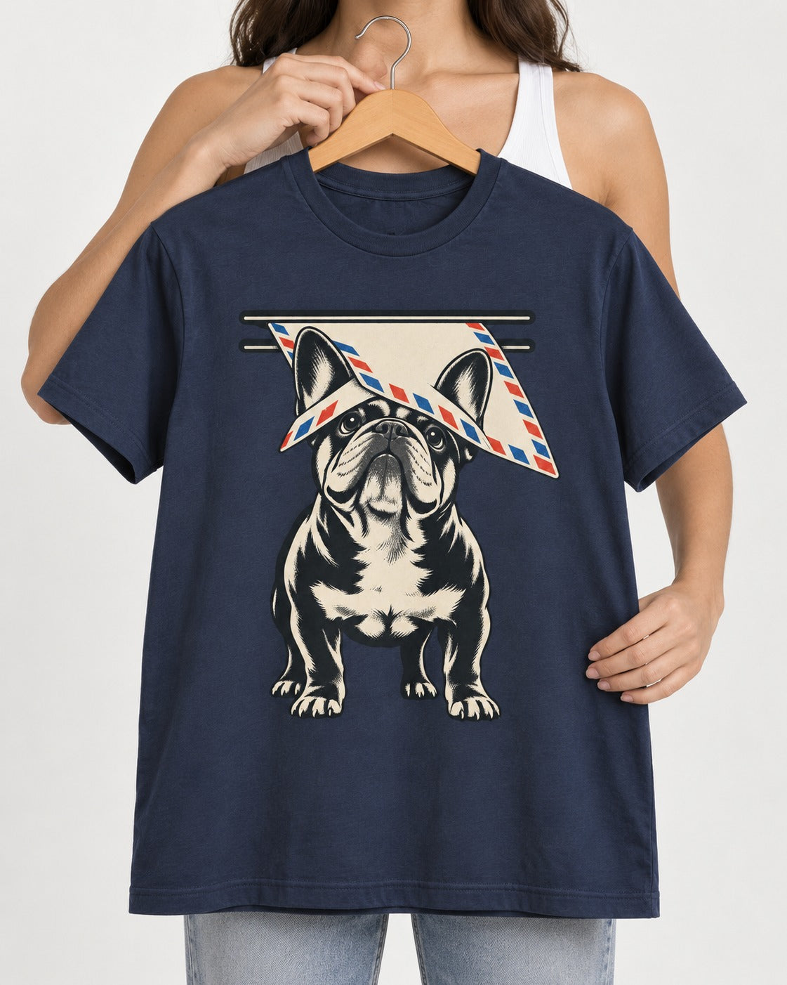 Frenchie Mail Slot Intercept Graphic T-Shirt in Navy, held up on a hanger