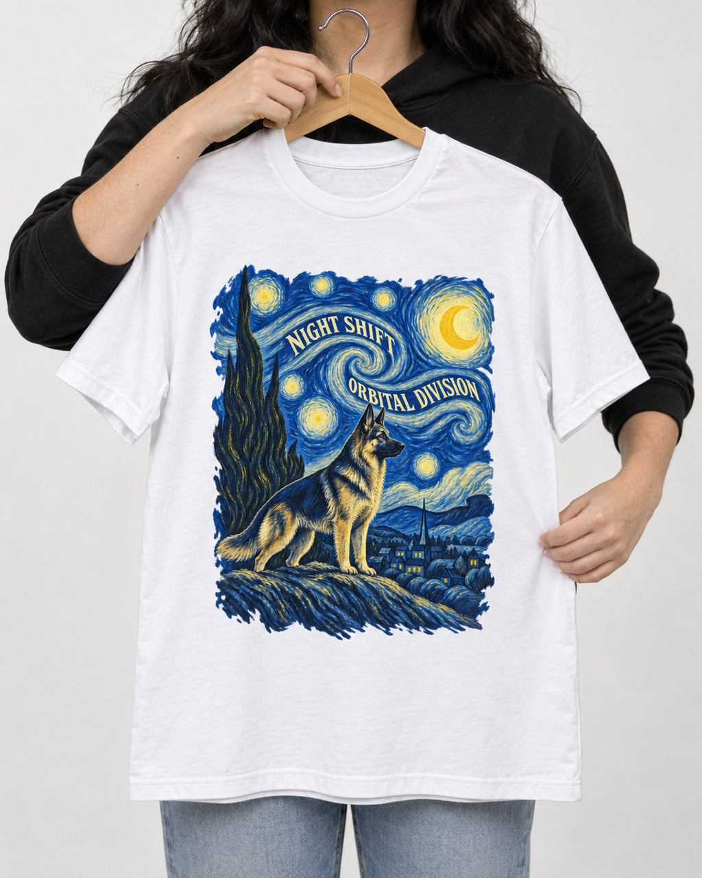 German Shepherd Dog Night Shift Orbital Division Starry Night T-Shirt in White, held up on a hanger
