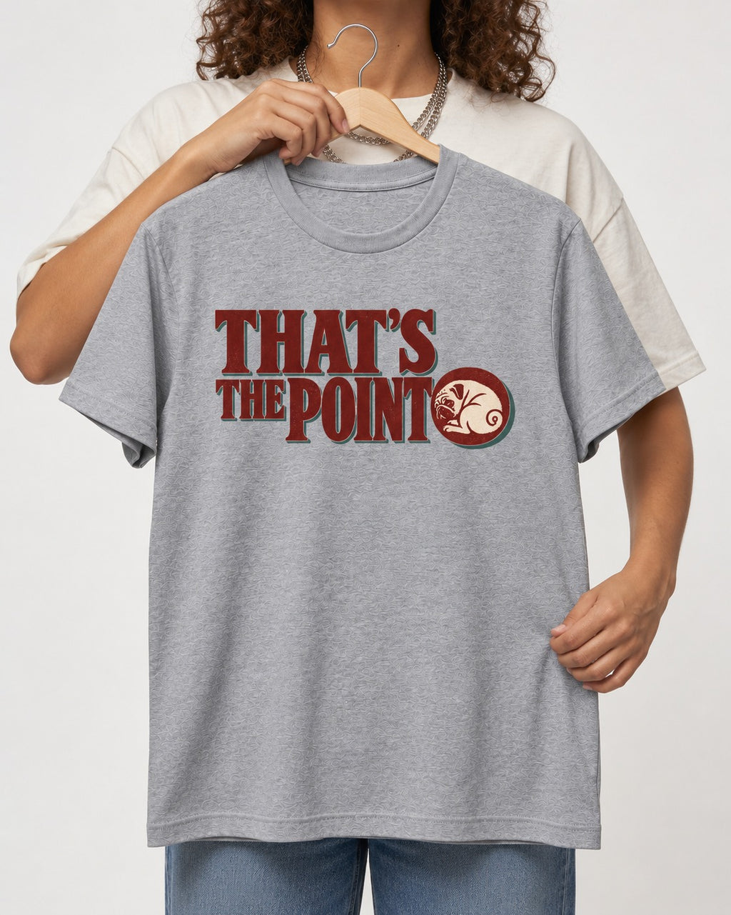 Pug's the Point T-Shirt in Sport Grey, held up on a hanger